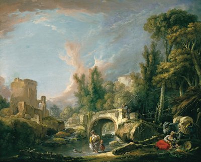 Paisaje fluvial con ruina y puente de François Boucher